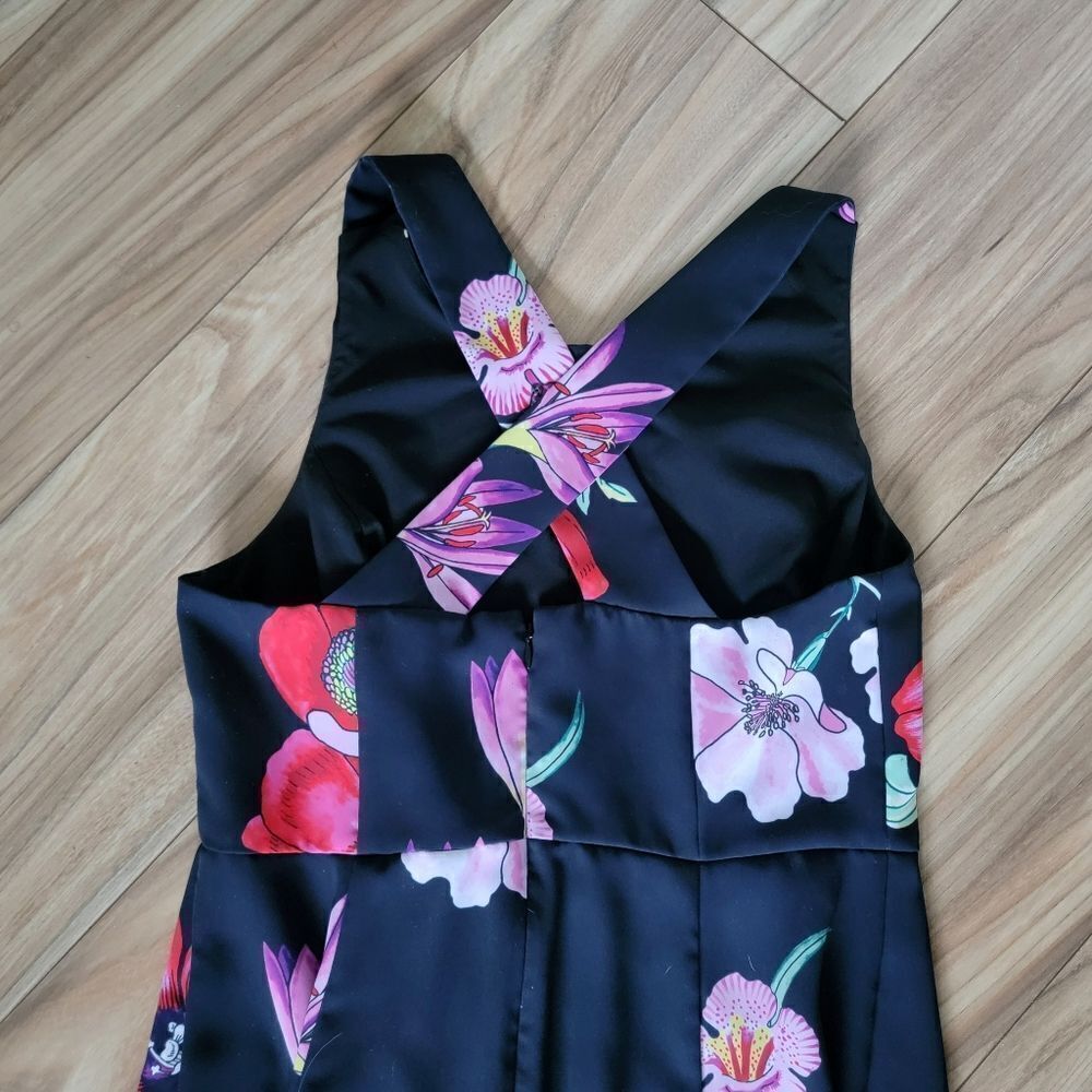 Ann Taylor Poppy Floral High Neck Criss Cross Back Midi Dress in Black - Picture 8 of 12